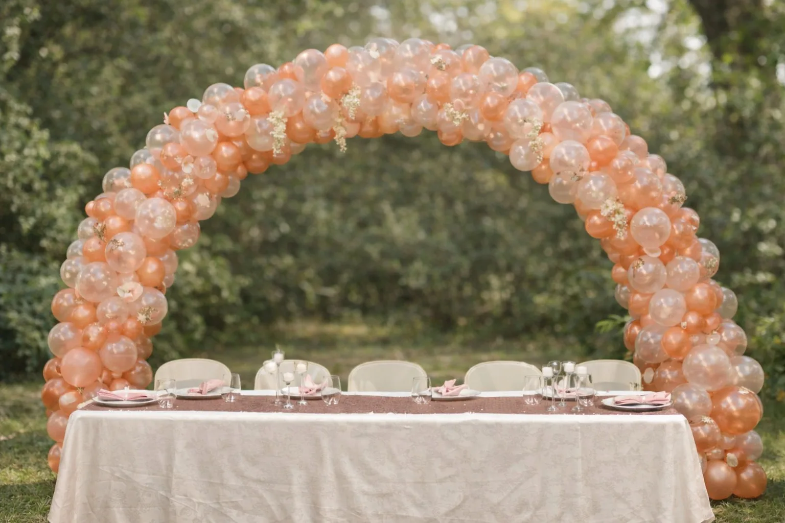 Peach and blush wedding balloon arch over a set head table at an outdoor ceremony