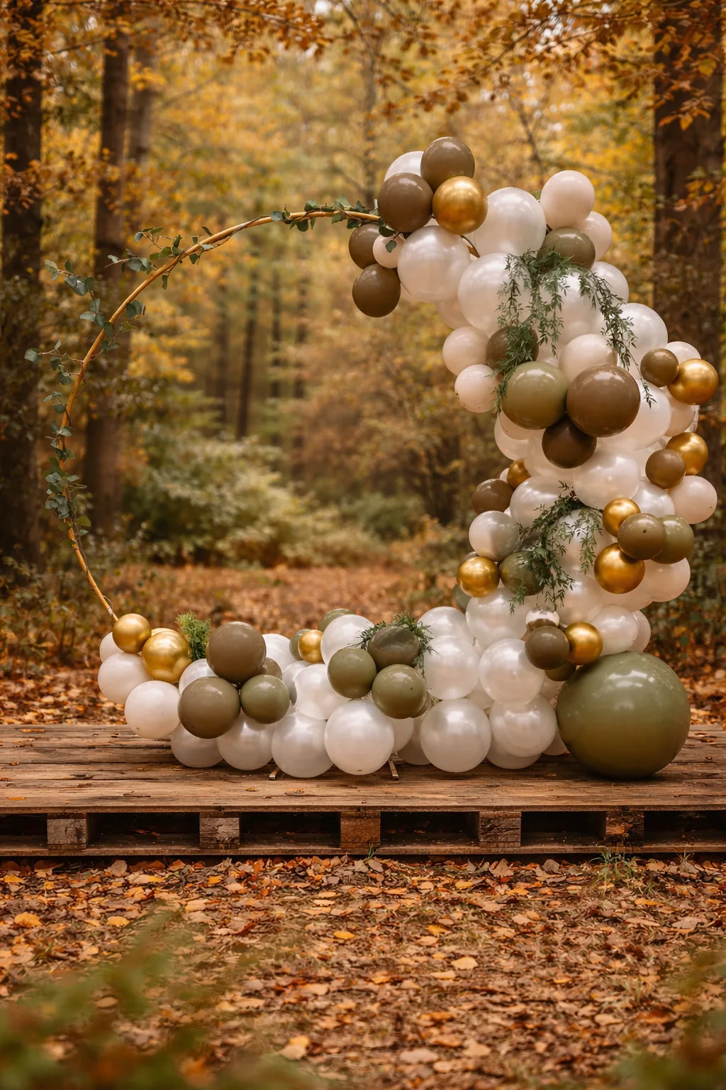 Sage and gold boho hoop arch in a forest setting